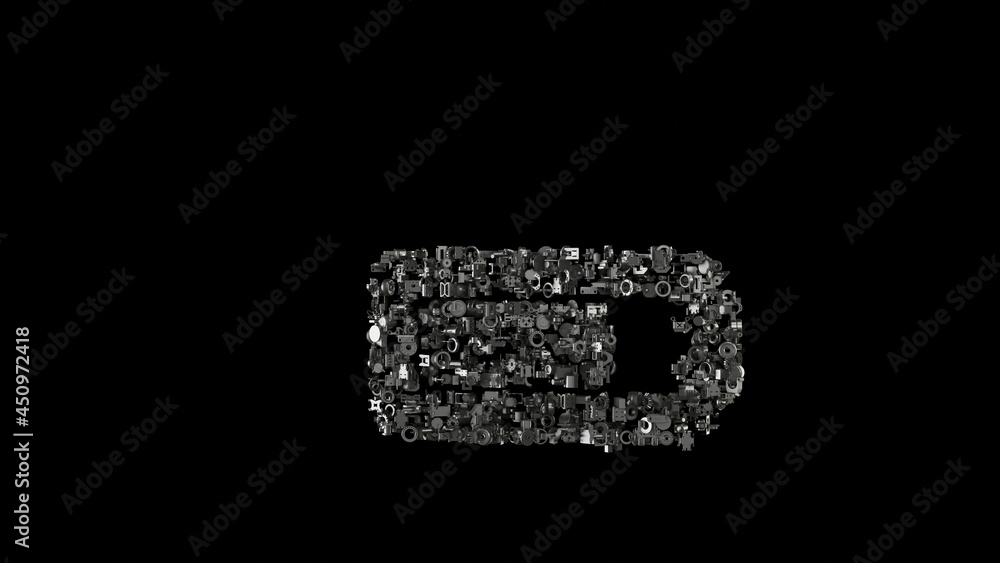 3d rendering mechanical parts in shape of horizontal symbol of battery three quarters isolated on black background 3d rendering mechanical parts in shape of horizontal symbol of battery three quarters isolated on black background