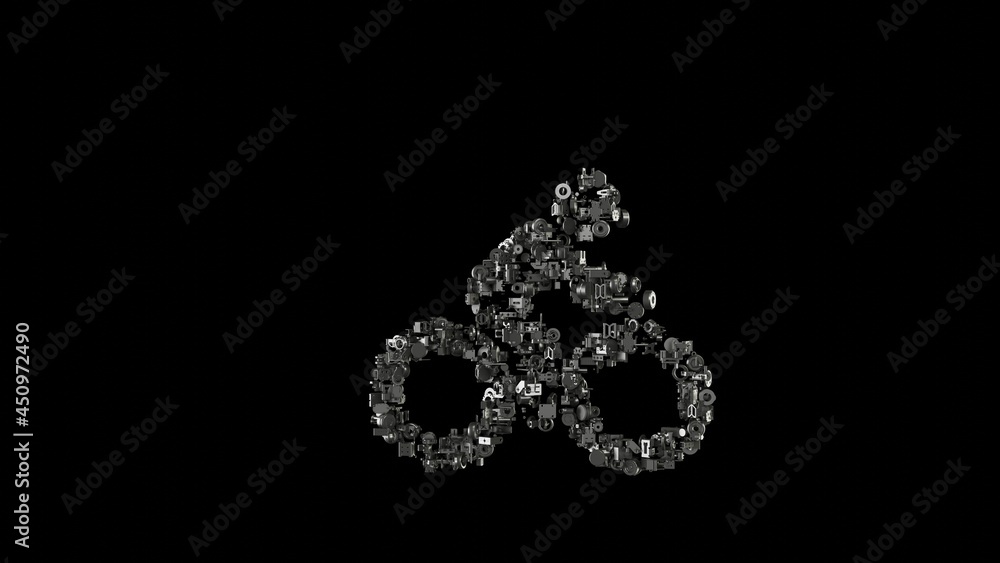 3d rendering mechanical parts in shape of symbol of bike with rider isolated on black background
