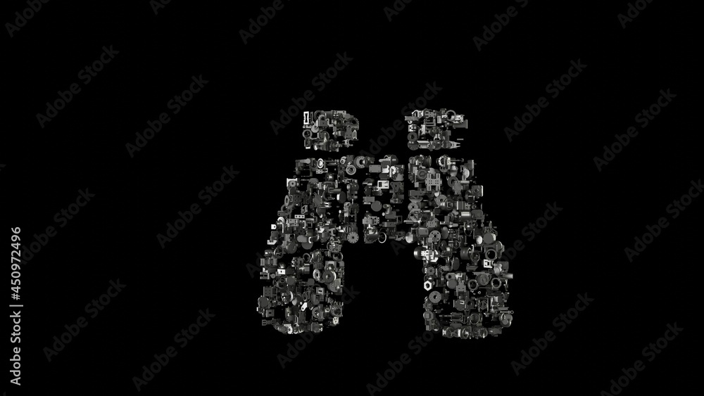 3d rendering mechanical parts in shape of symbol of binoculars isolated on black background