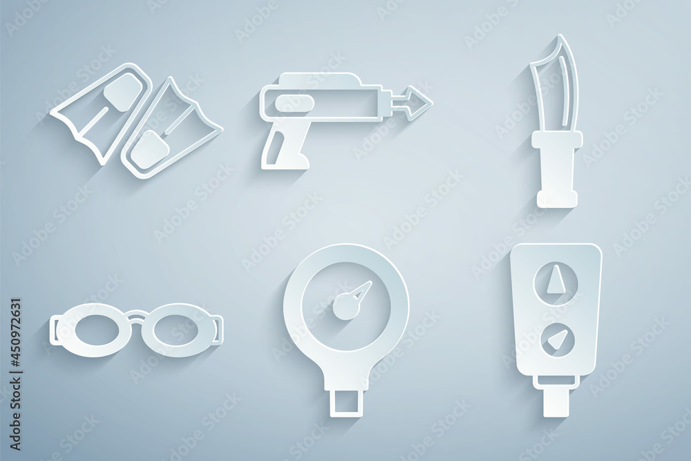 Set Gauge scale, Diving knife, Glasses for swimming, Fishing harpoon and Flippers icon. Vector Set Gauge scale, Diving knife, Glasses for swimming, Fishing harpoon and Flippers icon. Vector