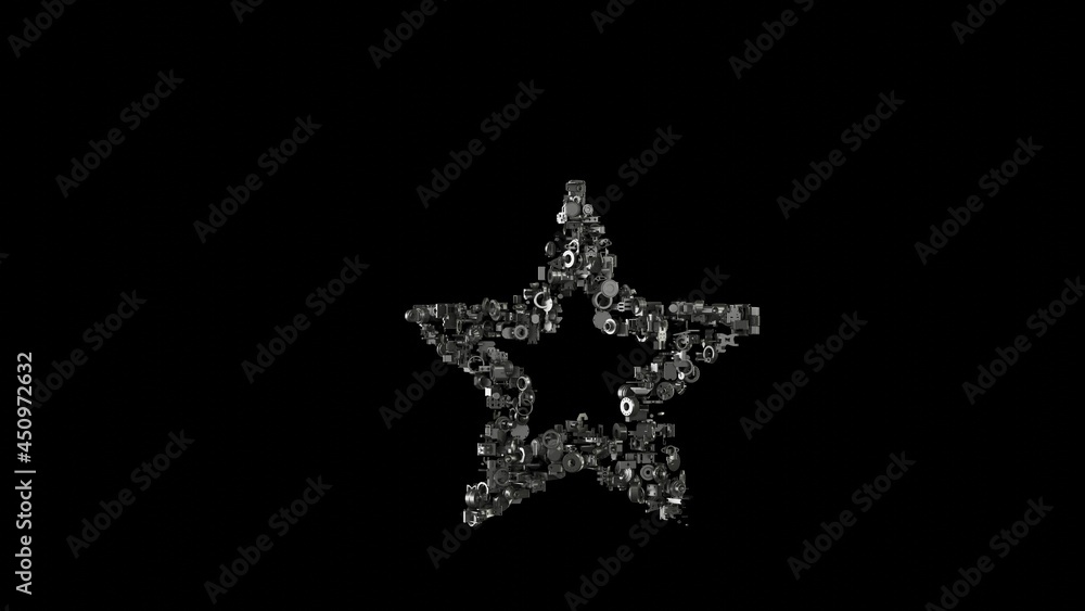 3d rendering mechanical parts in shape of symbol of bookmark button isolated on black background 3d rendering mechanical parts in shape of symbol of bookmark button isolated on black background