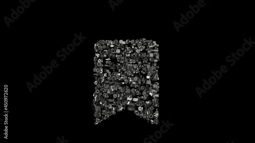 3d rendering mechanical parts in shape of symbol of bookmark isolated on black background
