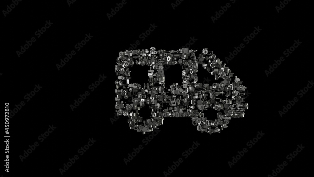 3d rendering mechanical parts in shape of symbol of side view of a bus isolated on black background 3d rendering mechanical parts in shape of symbol of side view of a bus isolated on black background