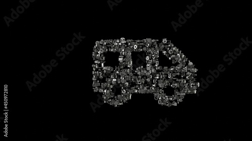 3d rendering mechanical parts in shape of symbol of side view of a bus isolated on black background