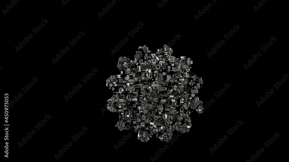 3d rendering mechanical parts in shape of symbol of certificate badge isolated on black background 3d rendering mechanical parts in shape of symbol of certificate badge isolated on black background