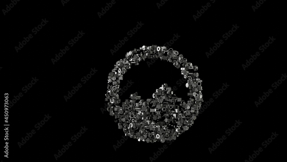 3d rendering mechanical parts in shape of symbol of circle mountain isolated on black background