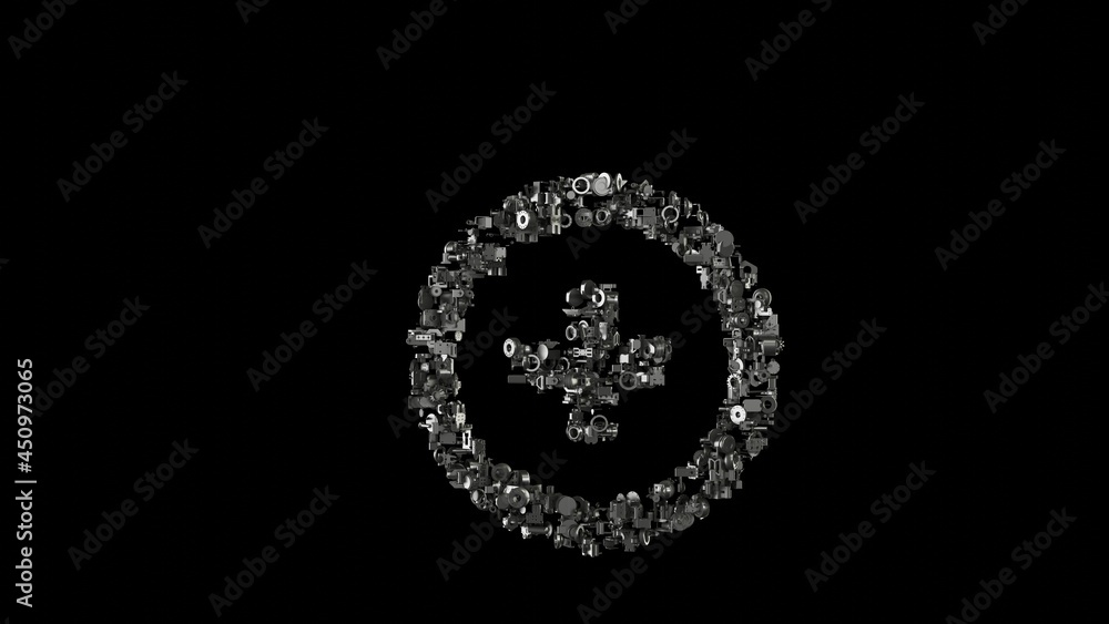 3d rendering mechanical parts in shape of symbol of circle with plus isolated on black background