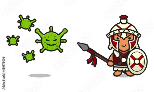 Cute roman knight fight virus cartoon vector icon illustration