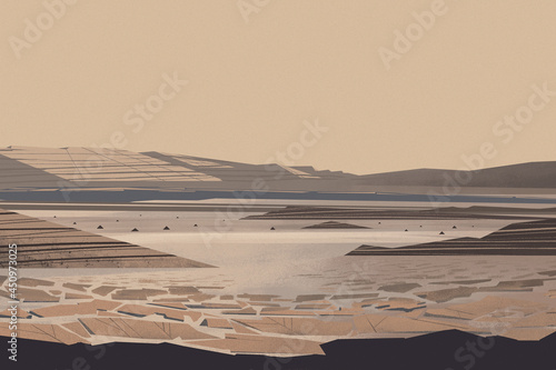 Wide panorama of mars the red planet landscape with mountains during the day illustrated