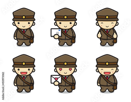 Set of cute postman mascot character with different expression cartoon vector icon illustration