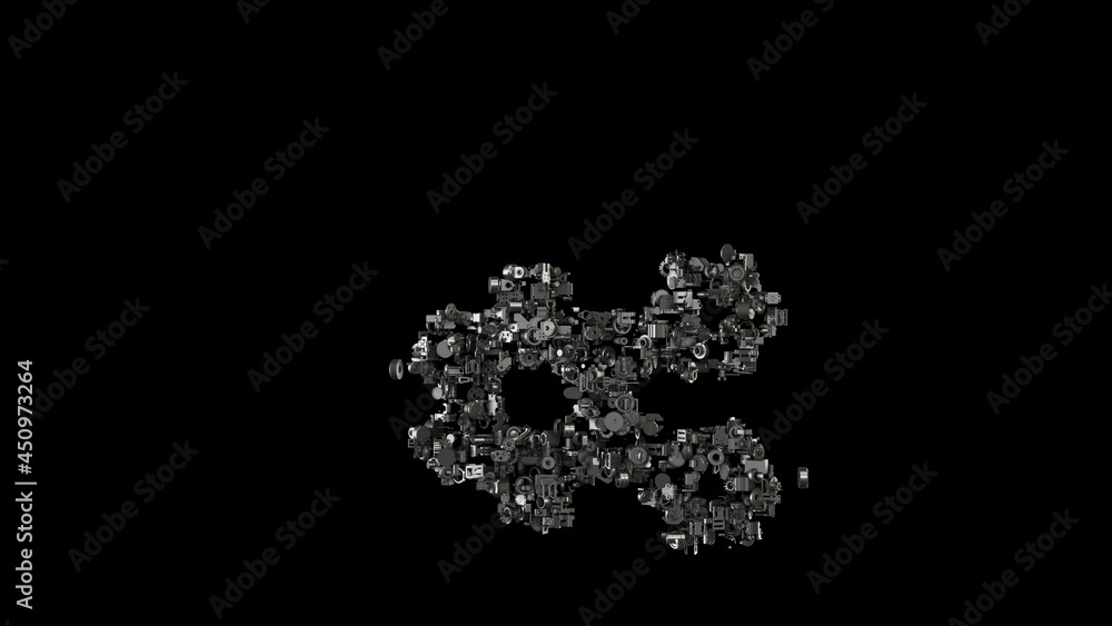 3d rendering mechanical parts in shape of symbol of cogwheels isolated on black background