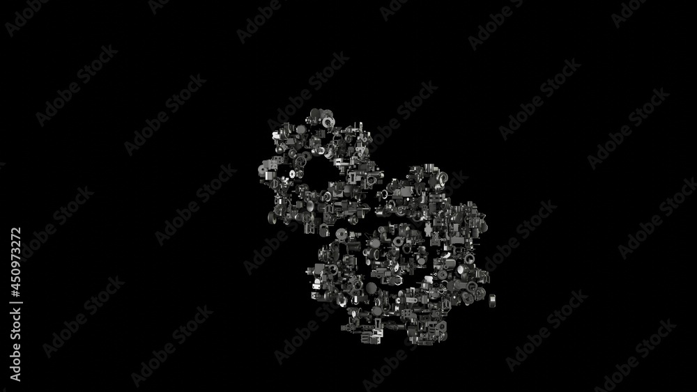 3d rendering mechanical parts in shape of symbol of cogwheel isolated on black background