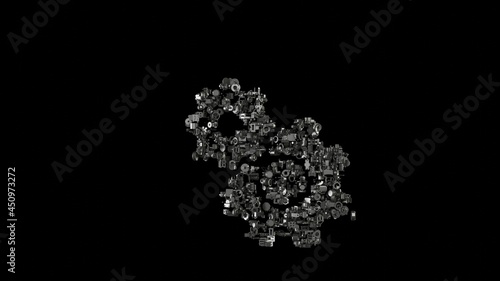 3d rendering mechanical parts in shape of symbol of cogwheel isolated on black background