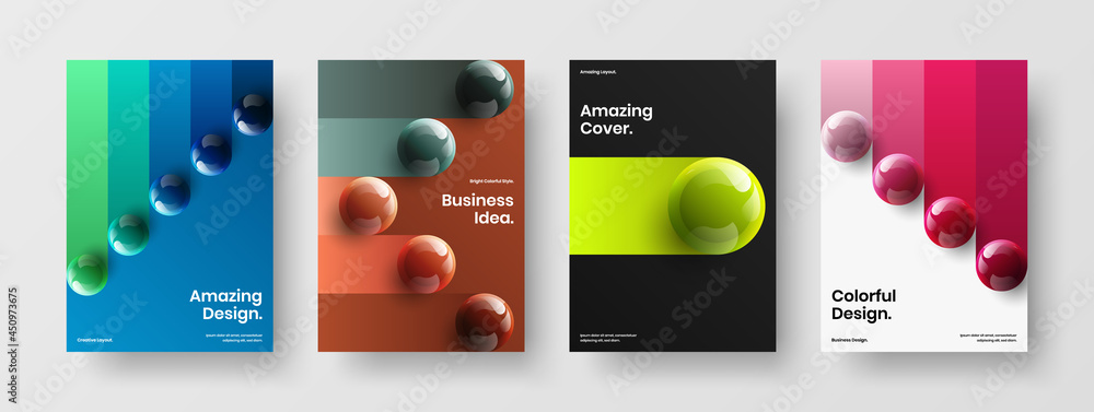 Trendy realistic balls magazine cover concept composition. Clean front page vector design layout collection.