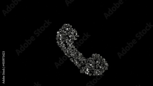 3d rendering mechanical parts in shape of symbol of communication phone isolated on black background