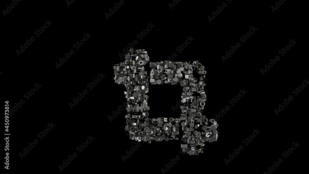 3d rendering mechanical parts in shape of symbol of crop alt isolated on black background