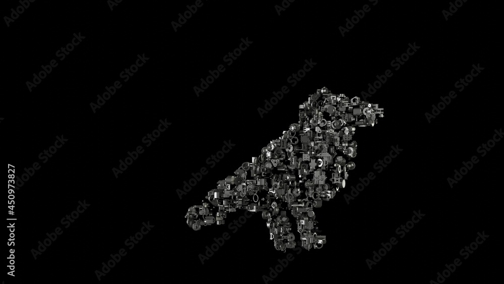 3d rendering mechanical parts in shape of symbol of crow isolated on black background 3d rendering mechanical parts in shape of symbol of crow isolated on black background