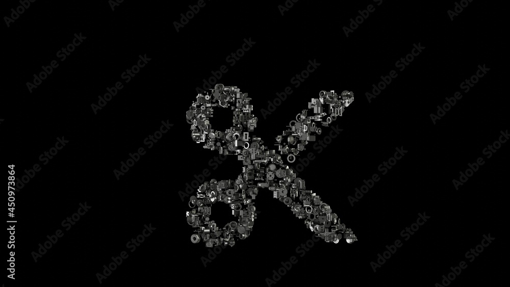 3d rendering mechanical parts in shape of symbol of cut isolated on black background