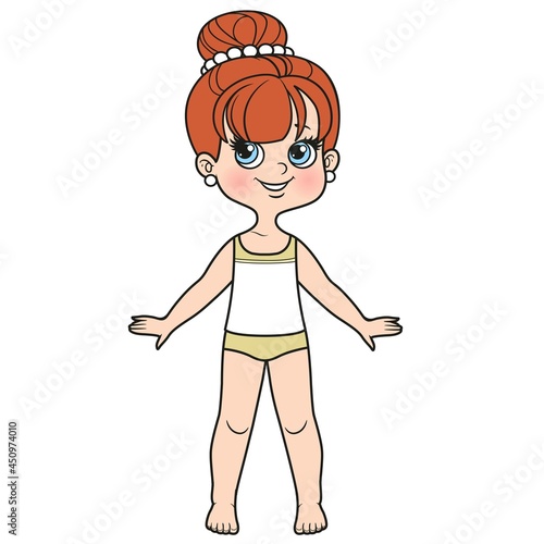 Cute cartoon girl with hair gathered in a large bun at the top of the head dressed in underwear and barefoot color variation on white background
