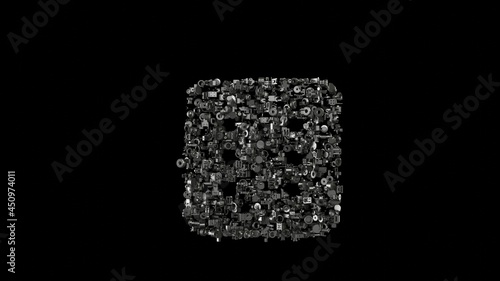 3d rendering mechanical parts in shape of symbol of dice six isolated on black background