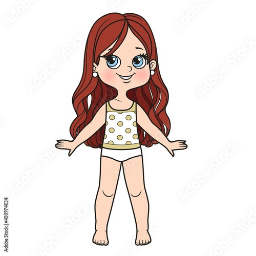 Cute cartoon girl with long curly hair dressed in underwear and barefoot color variation on a white background