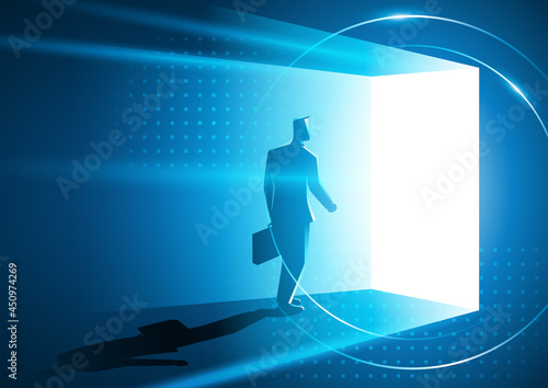 Businessman walking into a bright door