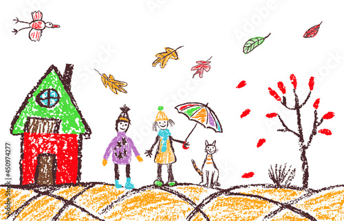 Crayon hand drawn cozy autumn outdoor banner background. Boy, girl, cat, tree, house, falling leaves in garden. Like kids style doodle simple funny vector art. Pastel chalk or pencil child painting