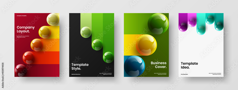 Modern 3D spheres brochure illustration set. Colorful postcard A4 vector design layout collection.