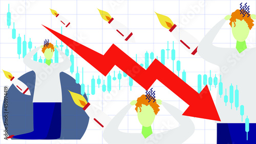 Flat illustration cryptocurrency. Bitcoin going down. Crash. FOMO. Pump and dump. HODL. Blockchain vector illustration. Business. Perfect for web design, banner, social media, brochure, presentation.