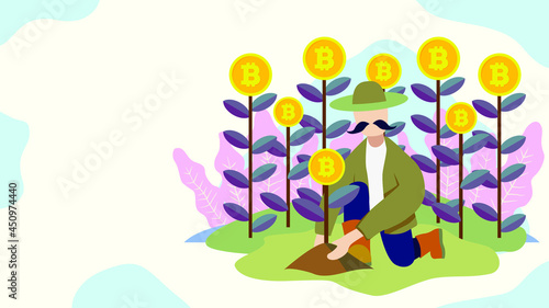 Flat illustration cryptocurrency. Bitcoin plantation. BTC to the moon.  FOMO. Pump and dump. HODL. Blockchain vector. Business. Perfect for web design, banner, social media, brochure, UI, presentation