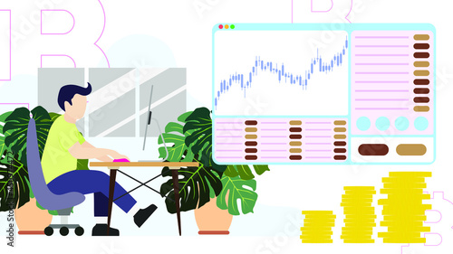 Flat illustration cryptocurrency. Bitcoin going to the moon. FOMO. Pump and dump. HODL. Blockchain vector illustration. Business. Perfect for web design, banner, social media, brochure, presentation.