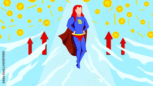 Bitcoin man flat illustration. cryptocurrency. Bitcoin going to the moon. FOMO. Pump and dump. HODL. Blockchain vector. Business. Perfect for web design, banner, social media, brochure, presentation.