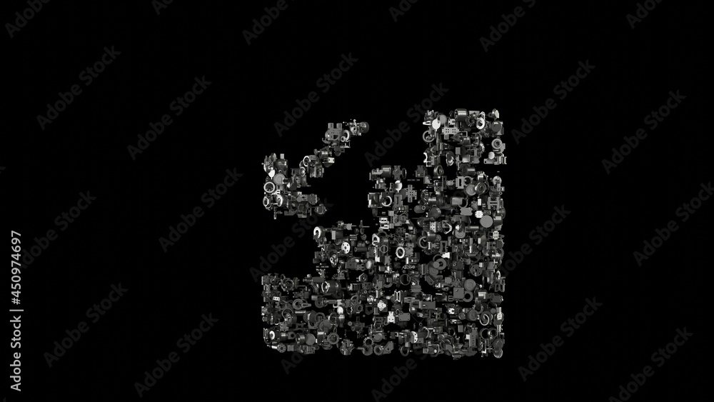 3d rendering mechanical parts in shape of symbol of fallen isolated on black background