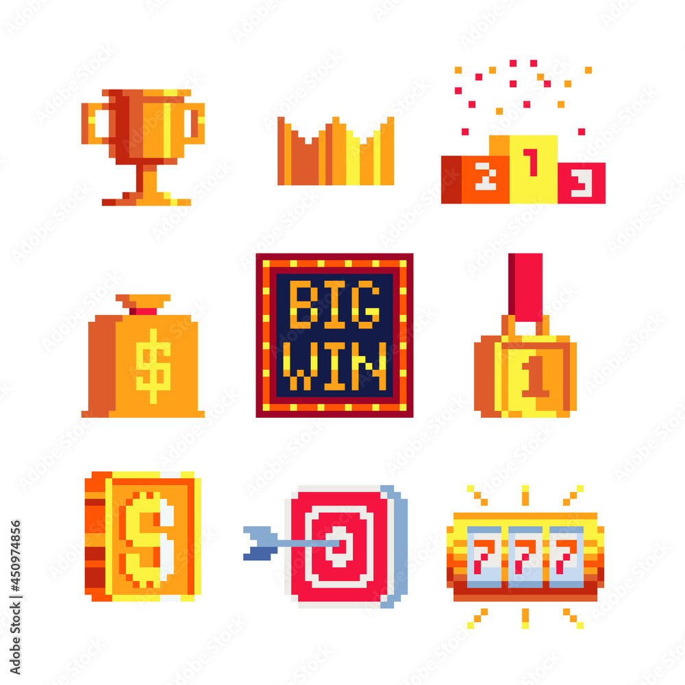 Fototapeta premium Pixel art icons set. Big Win, winning gold cup, money bag, winners podium. Golden crown, medal and coin. 777 slot machine. Casino vegas game. Flat style. Isolated abstract vector illustration. 8-bit.
