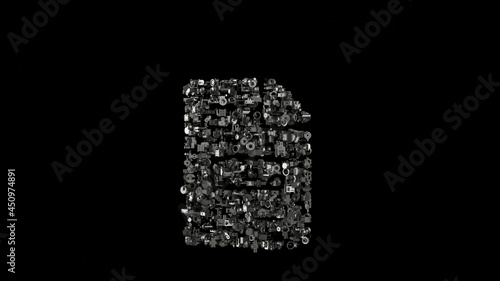 3d rendering mechanical parts in shape of symbol of file invoice isolated on black background