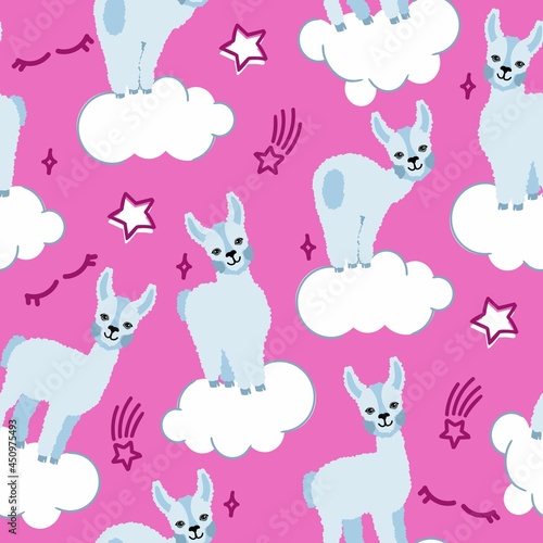 Alpaca llamas pattern on a pink background with clouds and stars. For printing on textiles  souvenirs and posters. Vector illustration.