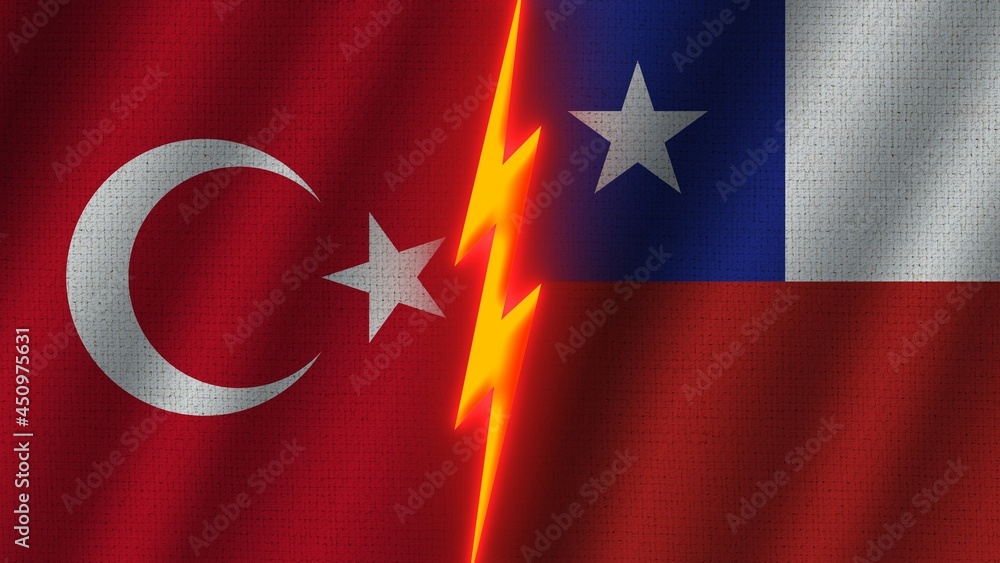Obraz premium Chile and Turkey Flags Together, Wavy Fabric Texture Effect, Neon Glow Effect, Shining Thunder Icon, Crisis Concept, 3D Illustration