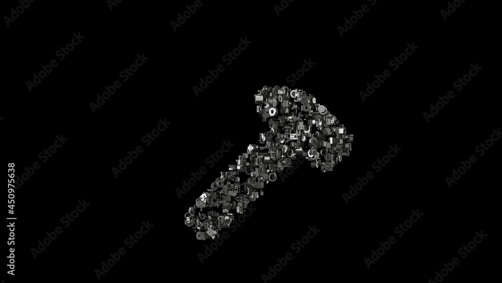 3d rendering mechanical parts in shape of symbol of hammer isolated on black background 3d rendering mechanical parts in shape of symbol of hammer isolated on black background