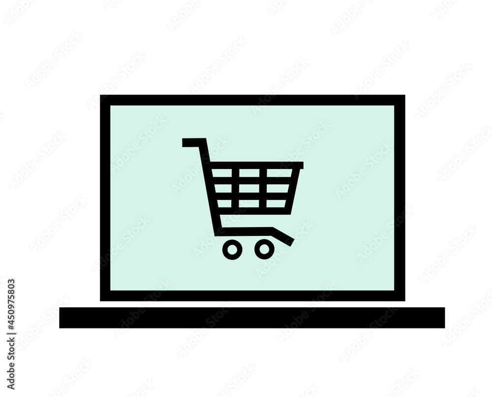 Vector shopping cart icon on laptop Vector shopping cart icon on laptop
