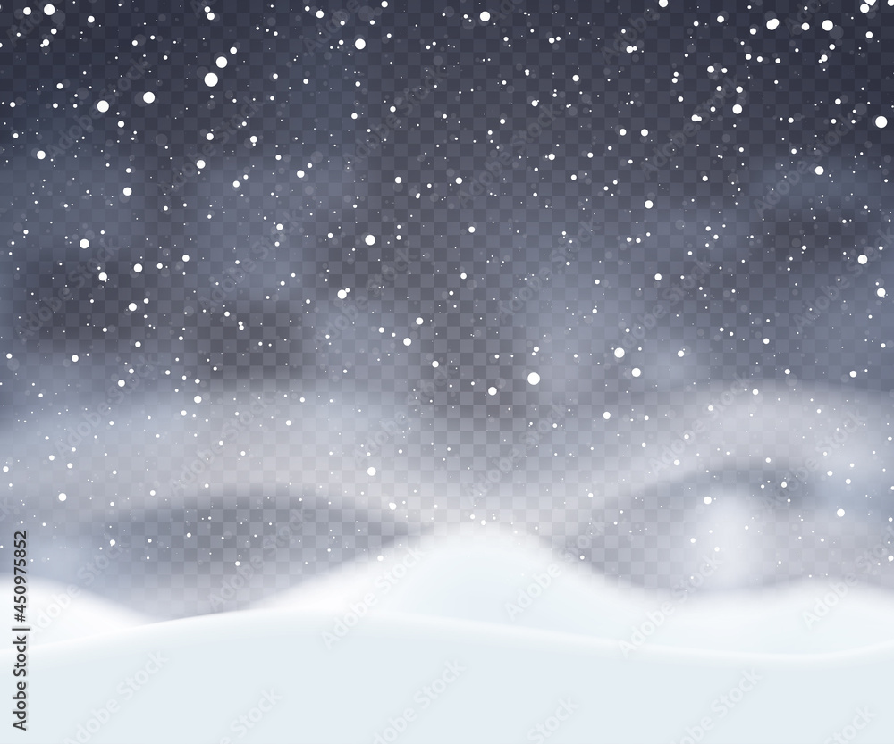 Realistic winter snowy landscape on the transparent background Vector