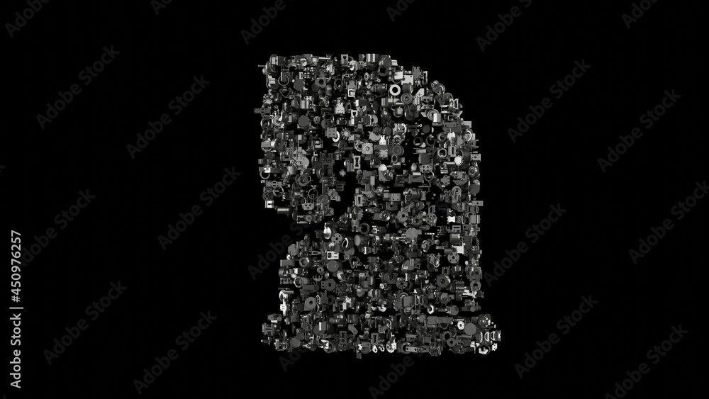 3d rendering mechanical parts in shape of symbol of chess knight isolated on black background 3d rendering mechanical parts in shape of symbol of chess knight isolated on black background