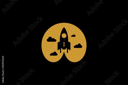 Rocket logo design. Blue planet sign symbol. Rocket launching icon vector. 