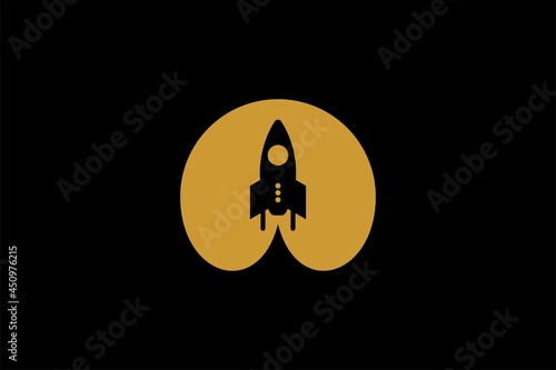 Rocket logo design. Blue planet sign symbol. Rocket launching icon vector. 