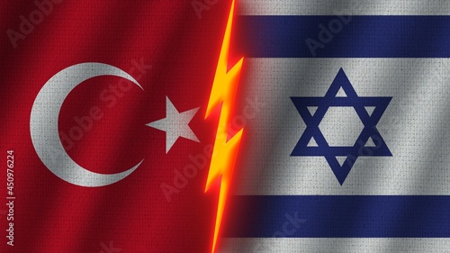 Israel and Turkey Flags Together  Wavy Fabric Texture Effect  Neon Glow Effect  Shining Thunder Icon  Crisis Concept  3D Illustration