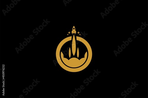 Rocket logo design. Blue planet sign symbol. Rocket launching icon vector. 