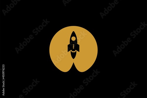 Rocket logo design. Blue planet sign symbol. Rocket launching icon vector. 