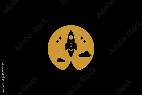 Rocket logo design. Blue planet sign symbol. Rocket launching icon vector. 