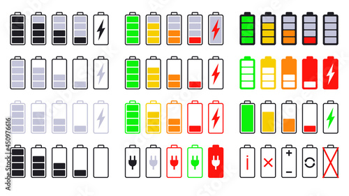 Battery level icons set. Phone charging status. Vector illustration.