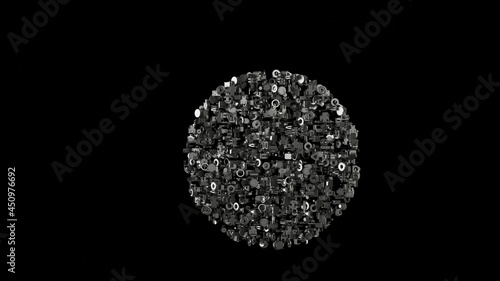 3d rendering mechanical parts in shape of symbol of internet isolated on black background
