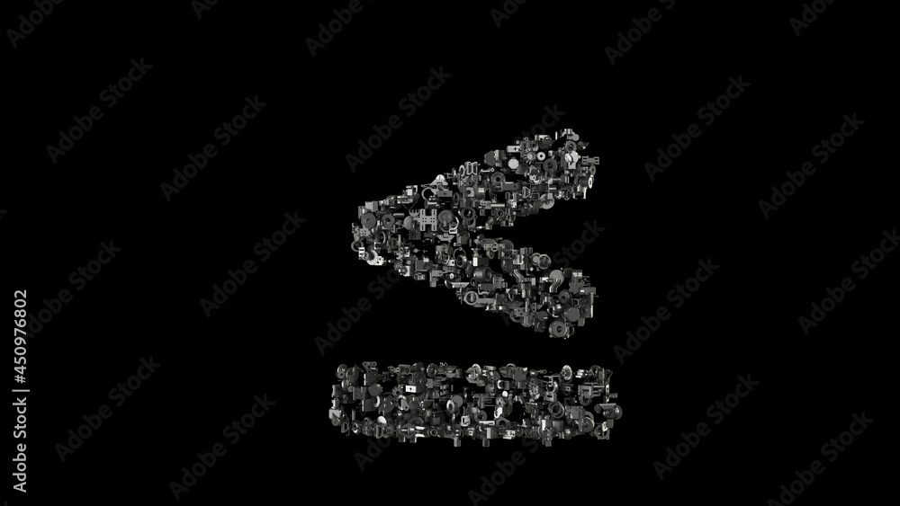 3d rendering mechanical parts in shape of symbol of less than equal isolated on black background